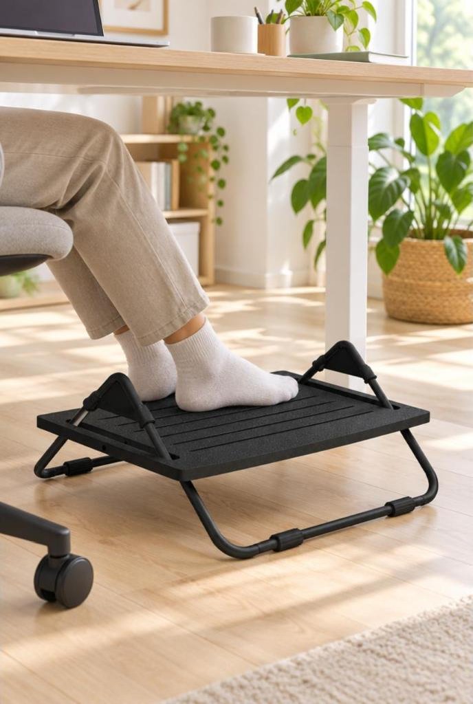 Apoio ergonômico para os pés Multivisão, MDF preto em uso, imagem ilustrativa