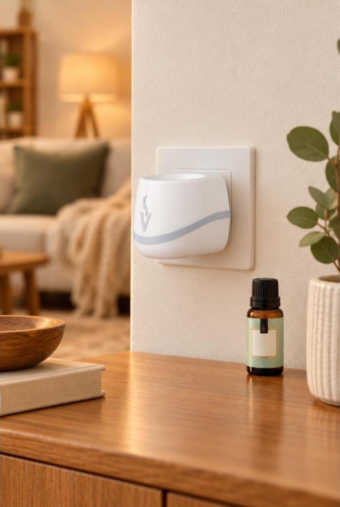 Aromatizador elétrico de tomada Via Aroma, com essência Bamboo em uso, imagem ilustrativa