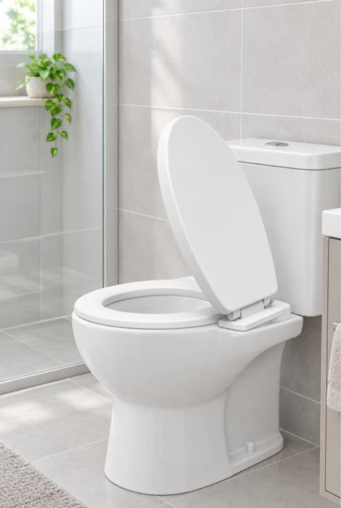 Assento sanitário oval universal Maeto com fechamento suave em uso, imagem ilustrativa