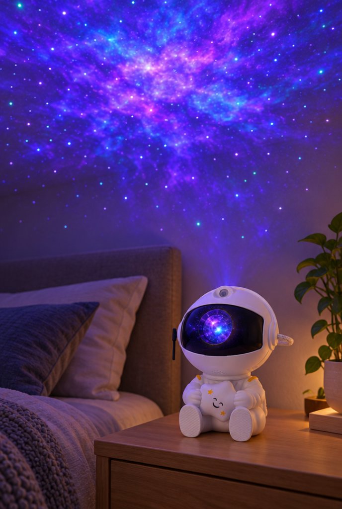 Astronauta projetor de galáxia com controle em uso, imagem ilustrativa