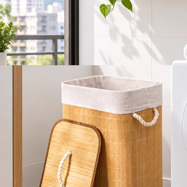 Cesto de roupa suja de bambu com tampa, 50 litros