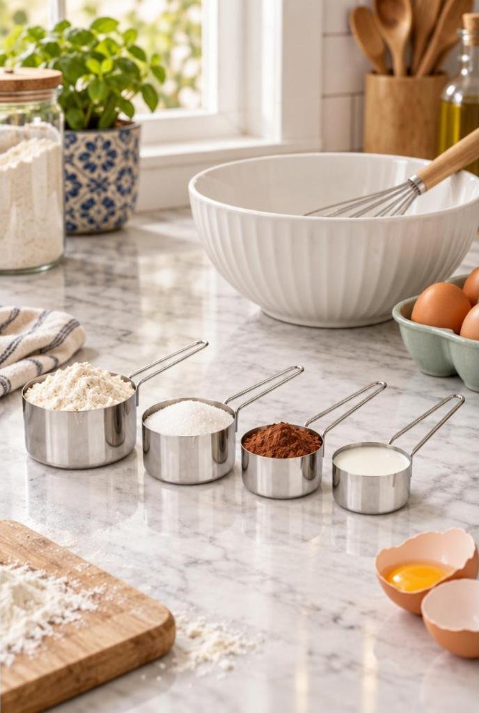 Conjunto de 4 xícaras medidoras de inox Brinox em uso, imagem ilustrativa