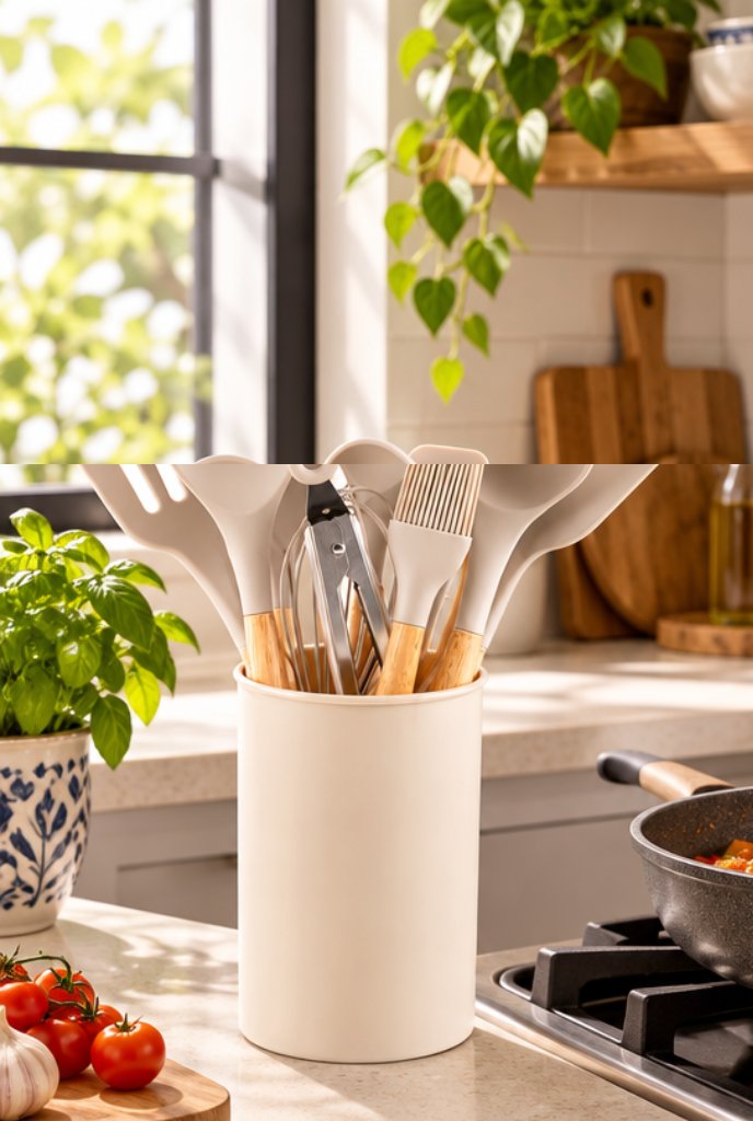 Conjunto de utensílios de silicone e madeira Brinox, 12 peças em uso, imagem ilustrativa