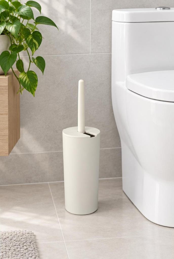 Escova sanitária Coza Serene com tampa automática em uso, imagem ilustrativa