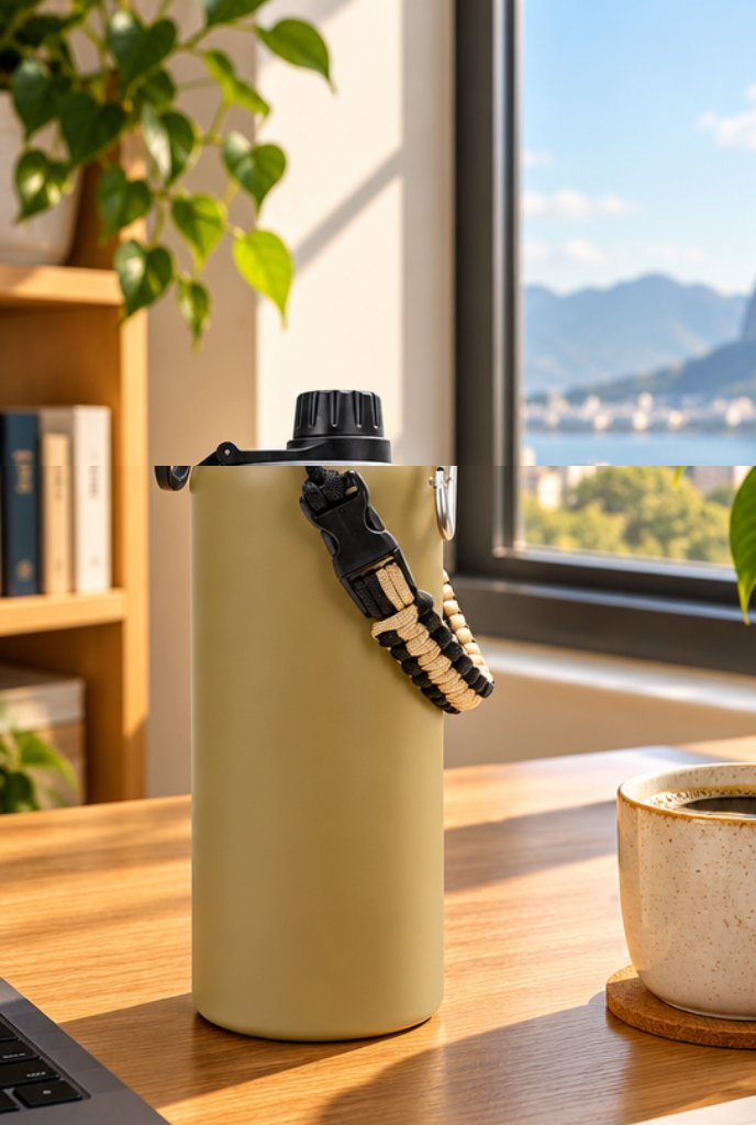Garrafa térmica de aço inox com parede dupla, 1 litro em uso, imagem ilustrativa