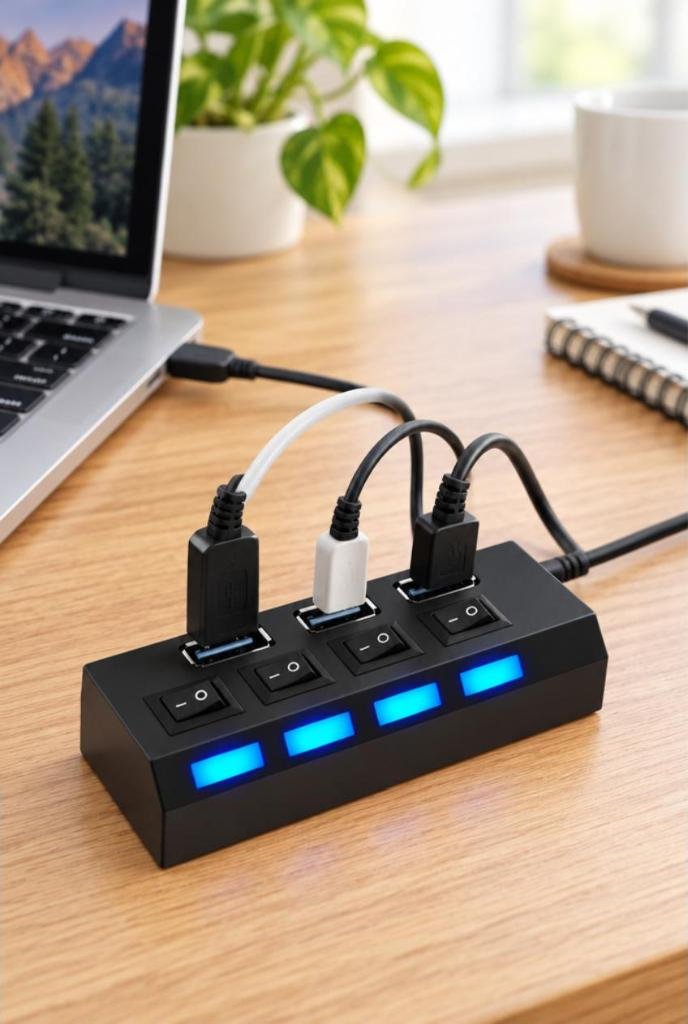 Hub USB 2.0 de 4 portas com chave liga/desliga individual em uso, imagem ilustrativa