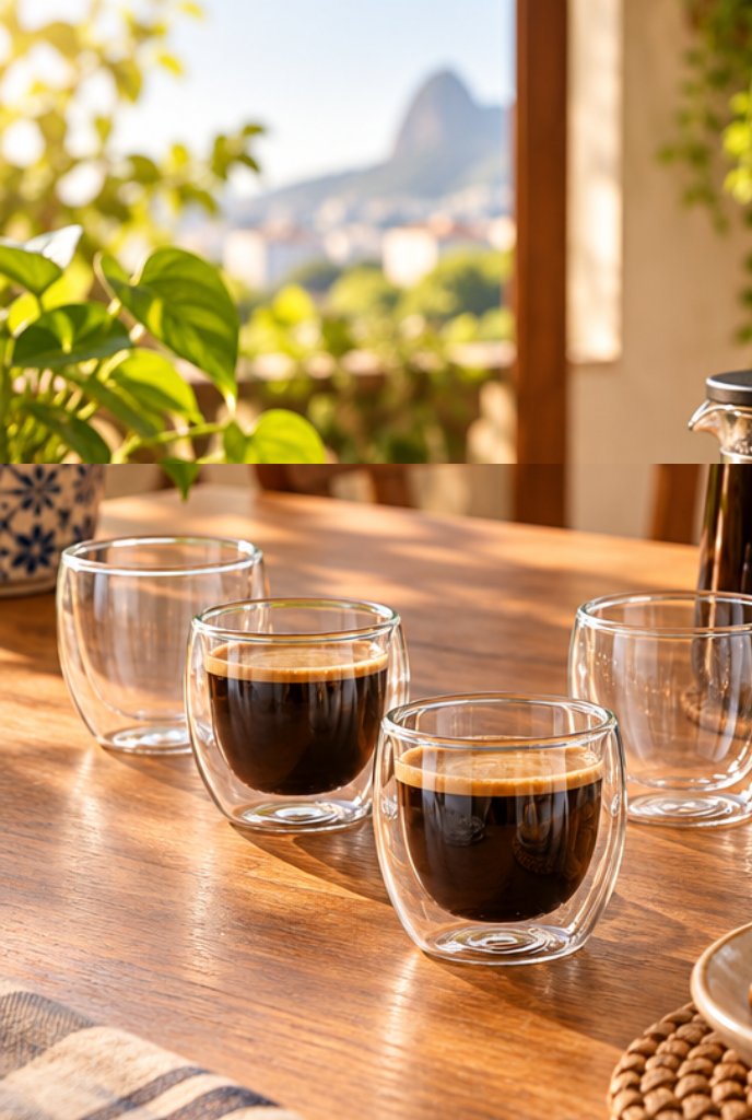 Jogo de 4 copos de café de vidro com parede dupla, 80 ml em uso, imagem ilustrativa