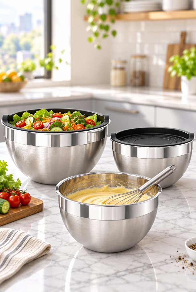Kit 3 bowls de inox Electrolux com tampa em uso, imagem ilustrativa