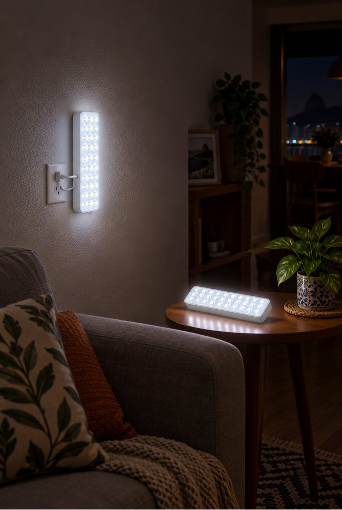 Kit 3 luminárias de emergência Elgin, 30 LEDs em uso, imagem ilustrativa