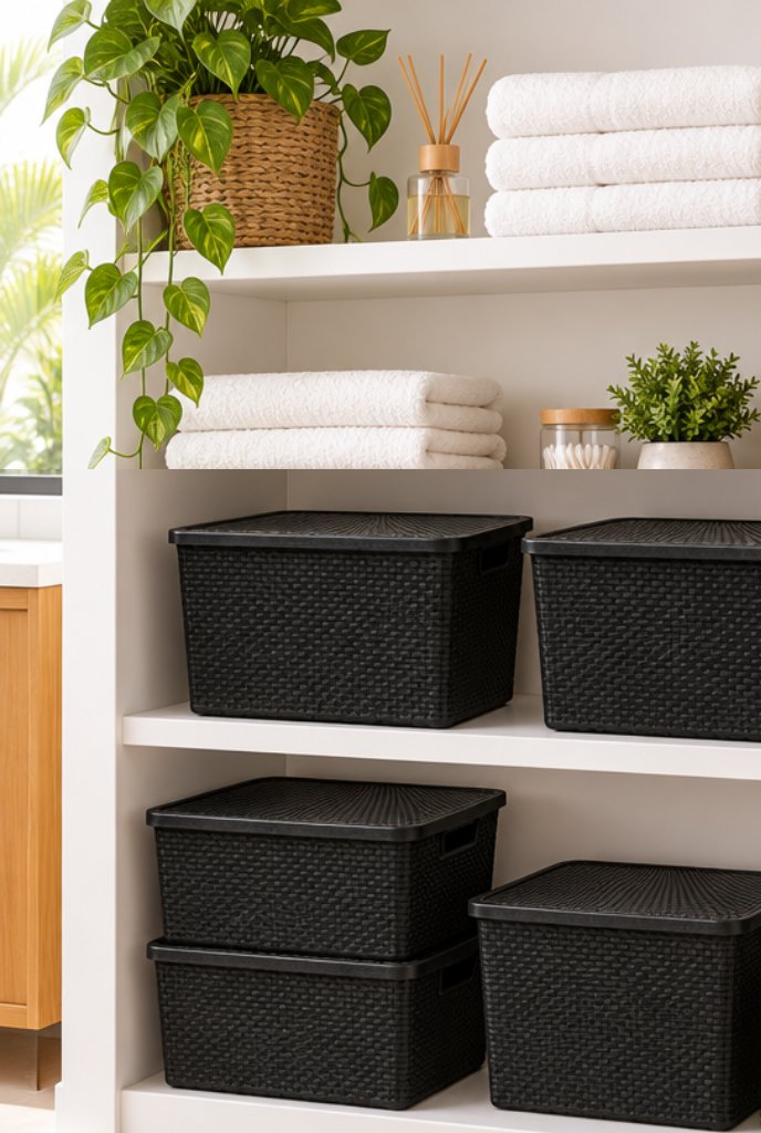 Kit 6 caixas organizadoras rattan com tampa, 7 litros em uso, imagem ilustrativa