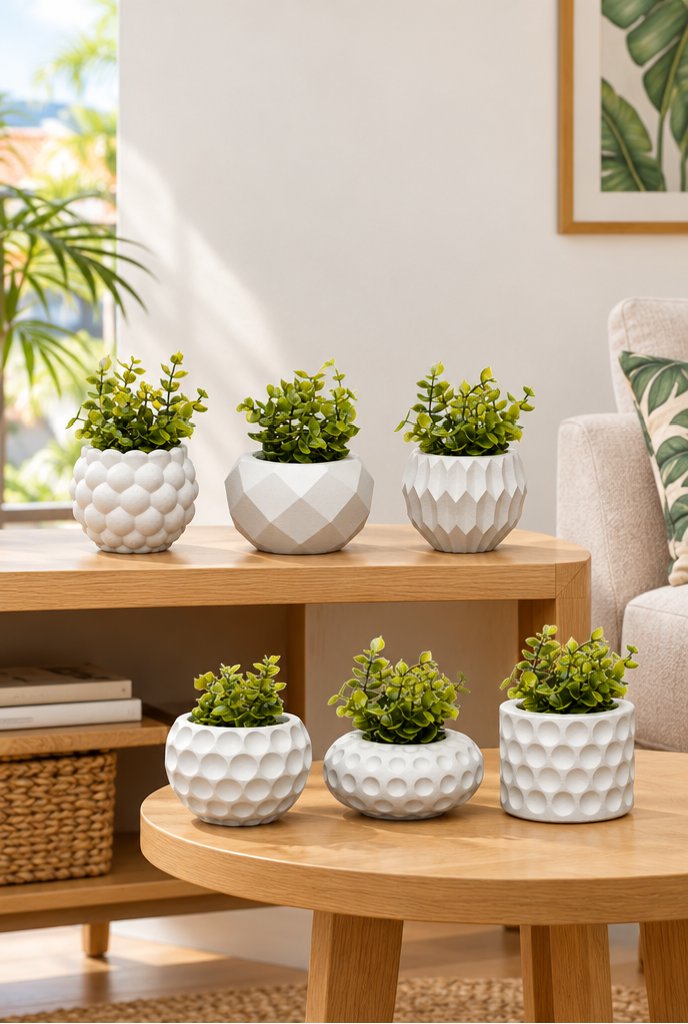 Kit 6 vasos decorativos de gesso com planta artificial em uso, imagem ilustrativa