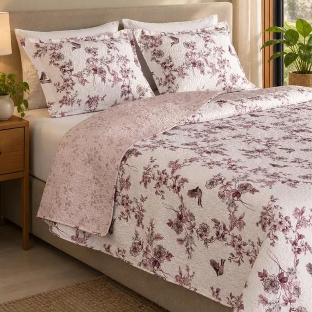 Kit cobre-leito king boutis dupla face, floral rosé, 3 peças