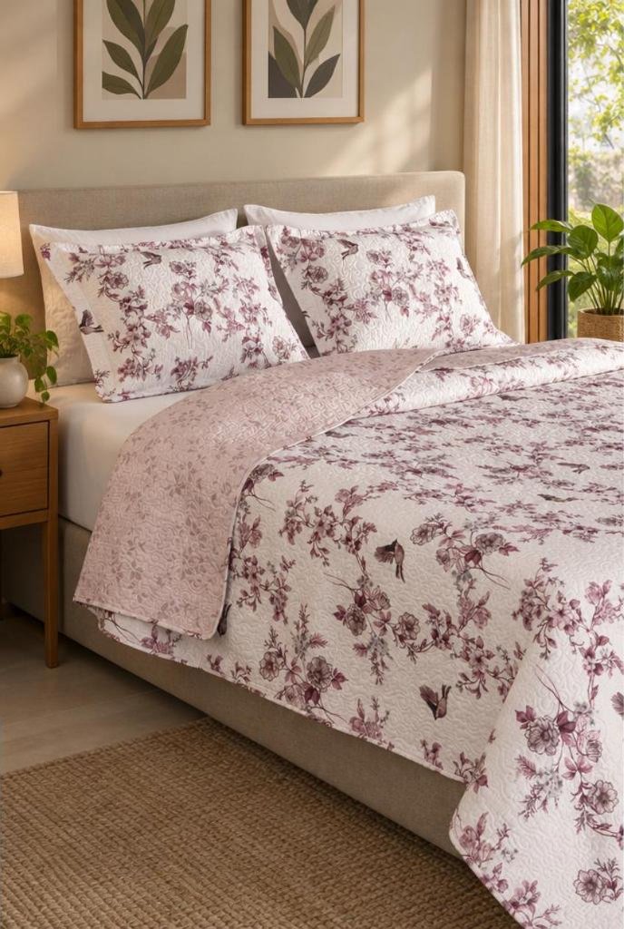 Kit cobre-leito king boutis dupla face, floral rosé, 3 peças em uso, imagem ilustrativa