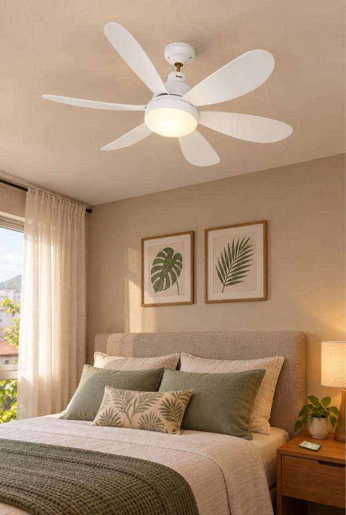 Lâmpada LED com ventilador de teto E27 e controle remoto em uso, imagem ilustrativa