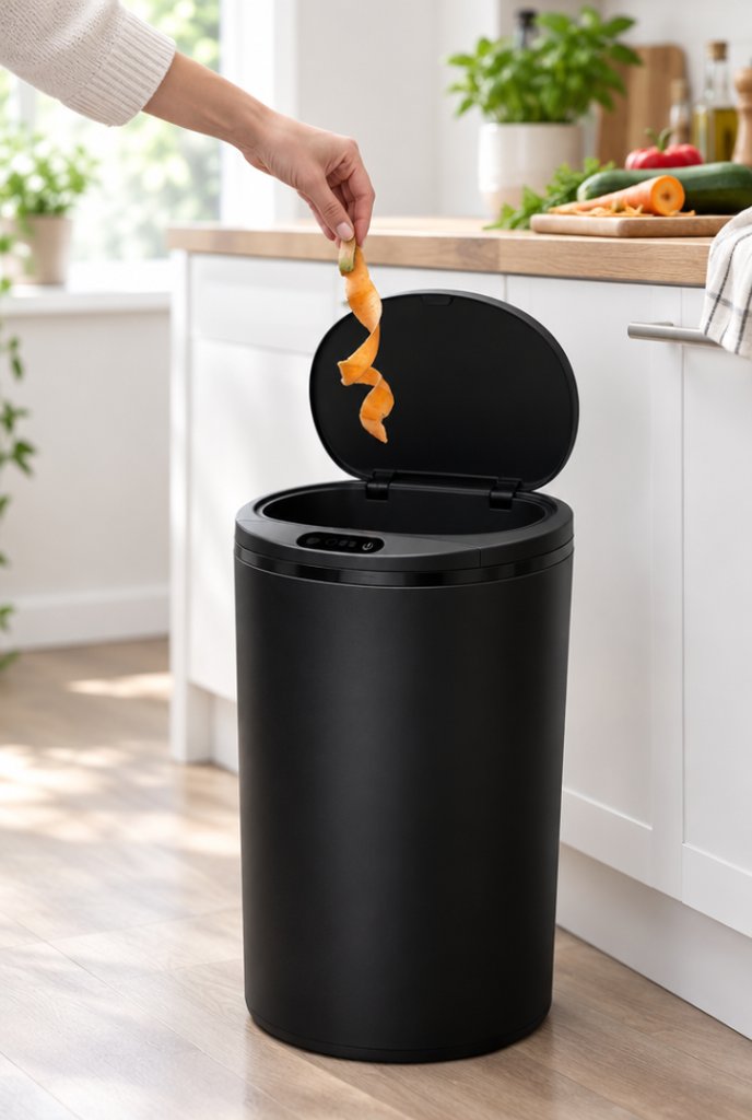 Lixeira inteligente automática com sensor em uso, imagem ilustrativa