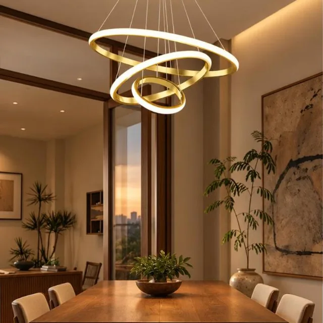 Lustre LED pendente de 3 anéis dourados, 60 W