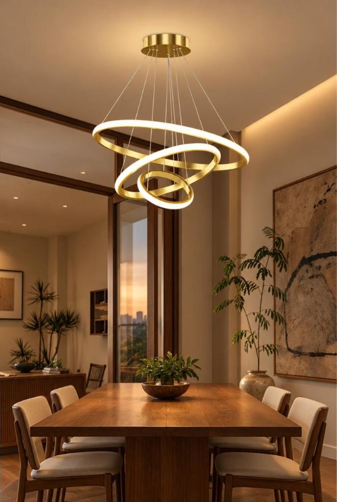 Lustre LED pendente de 3 anéis dourados, 60 W em uso, imagem ilustrativa