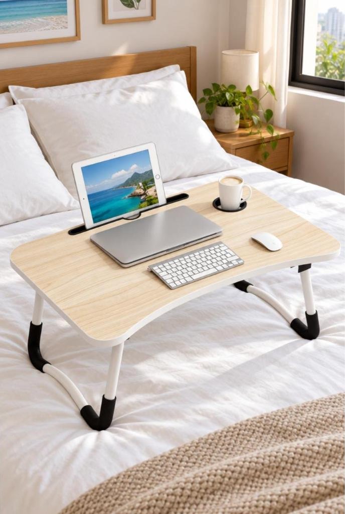 Mesa portátil dobrável para notebook na cama em uso, imagem ilustrativa