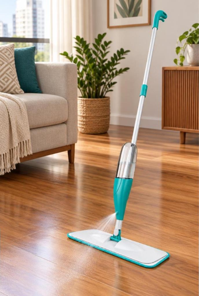 Mop spray Fit Flash Limp com reservatório de 365 ml em uso, imagem ilustrativa