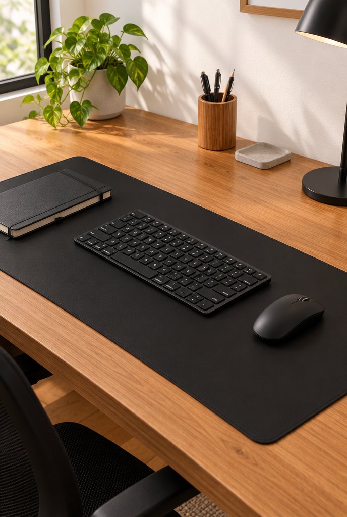 Mousepad grande deskpad 90 x 40 cm de couro sintético preto em uso, imagem ilustrativa