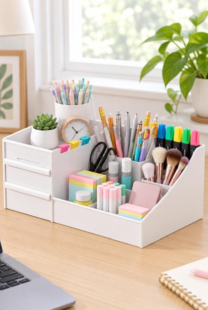 Organizador de mesa com gaveta e nichos Clink em uso, imagem ilustrativa