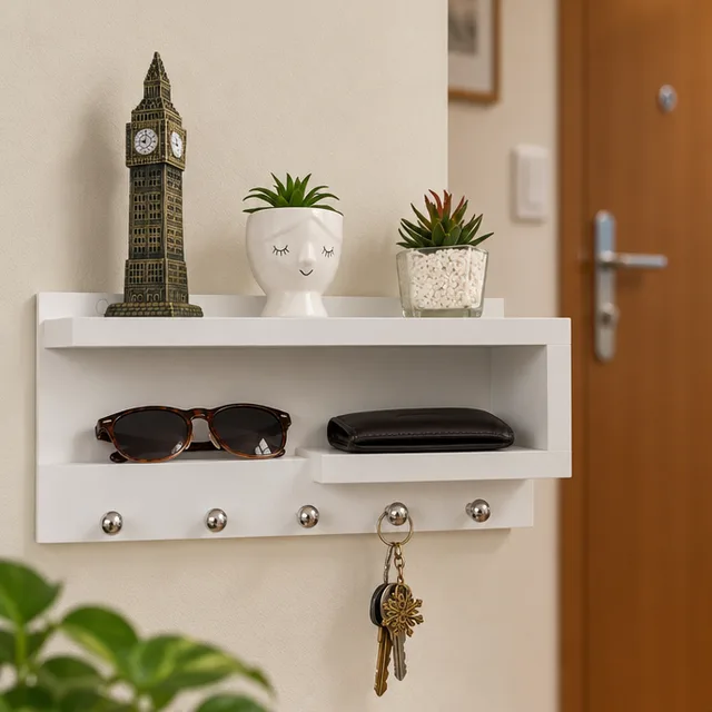 Porta-chaves de parede com prateleira, MDF branco