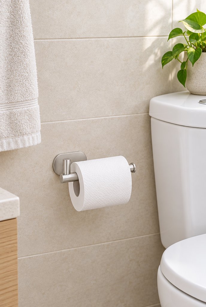 Porta-papel higiênico de inox adesivo em uso, imagem ilustrativa