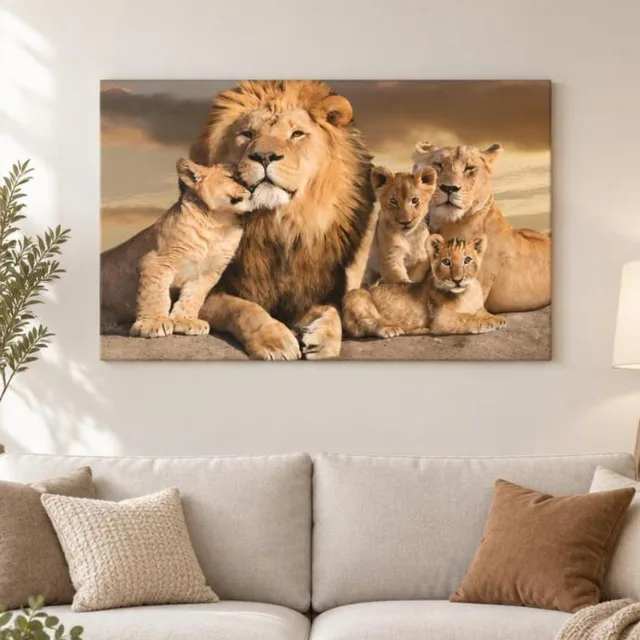 Quadro decorativo família de leões em tela, 55 x 90 cm