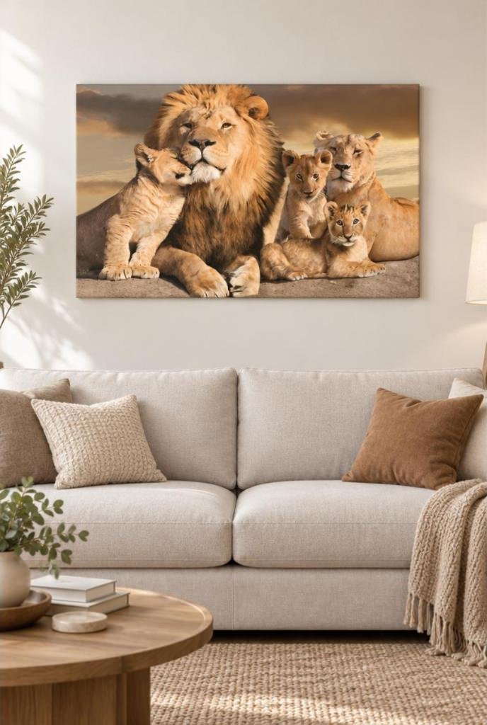 Quadro decorativo família de leões em tela, 55 x 90 cm em uso, imagem ilustrativa