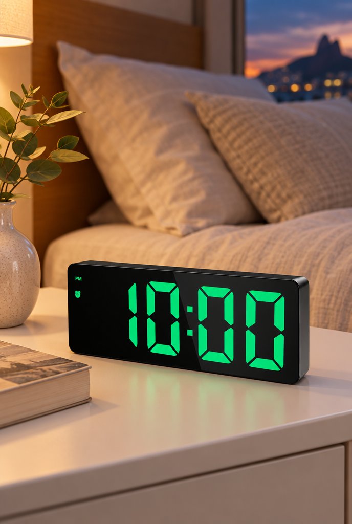 Relógio digital de mesa LED com alarme, data e temperatura em uso, imagem ilustrativa