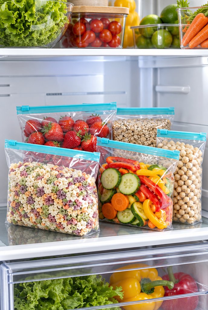 Sacos herméticos com zíper para alimentos (10, 20 ou 30) em uso, imagem ilustrativa