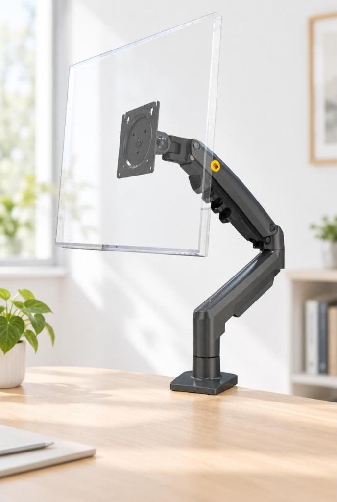 Suporte articulado de monitor North Bayou F80, com pistão a gás em uso, imagem ilustrativa