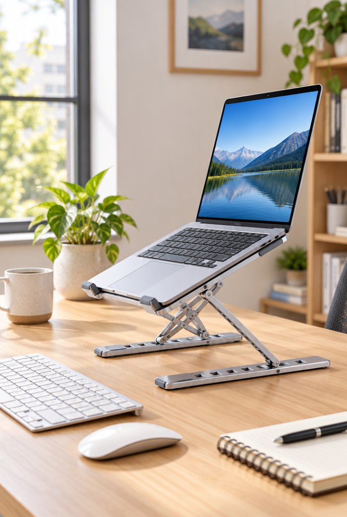 Suporte de notebook em alumínio, 6 alturas em uso, imagem ilustrativa