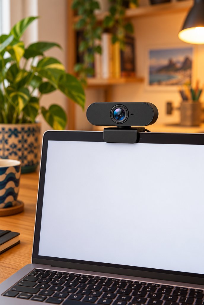 Webcam Full HD 1080p com microfone, USB em uso, imagem ilustrativa